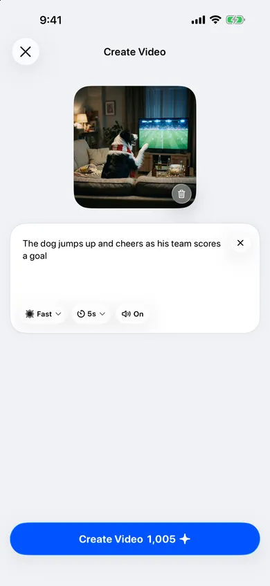 Create Video screen with a photo of a dog watching football and the prompt: the dog jumps up and cheers as his team scores a goal