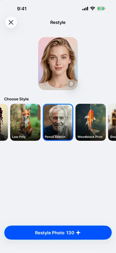 Restyle screen with a portrait photo and a row of styles: Low Poly, Pencil Sketch, Woodblock Print