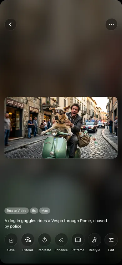 A text to video result: a dog in goggles riding a Vespa through Rome, chased by police